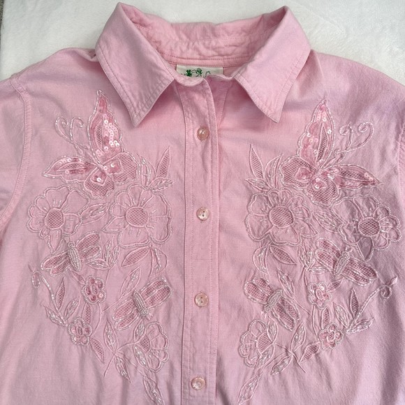 The Quacker Factory Shirt Floral Button Size M Soft Pink Sequin Embroidery Beads - Picture 6 of 15